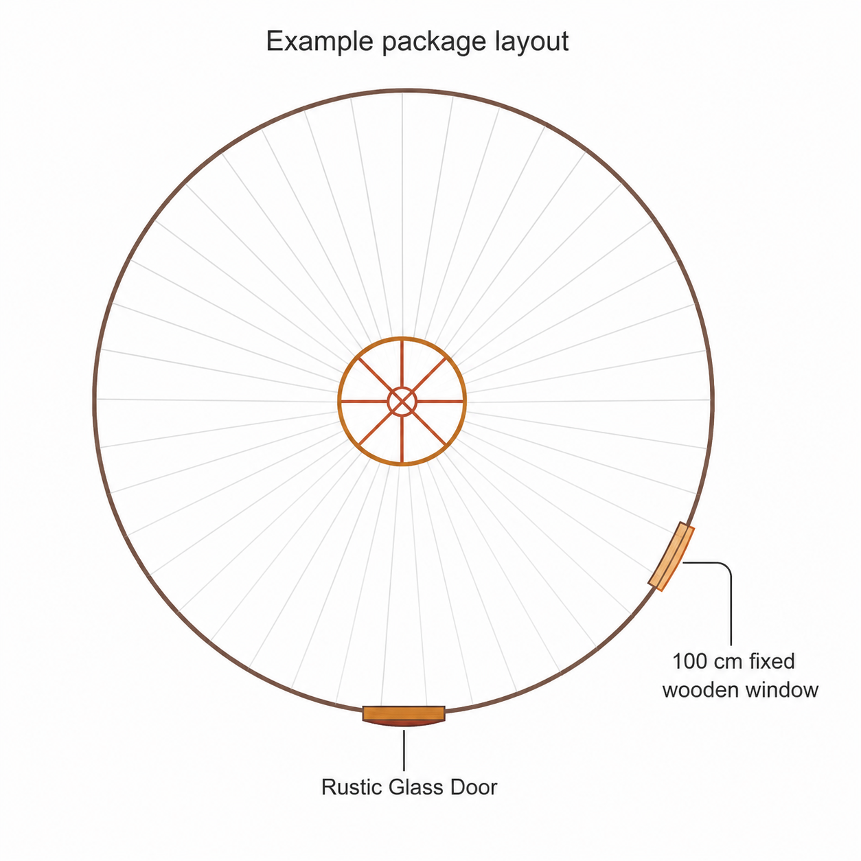 Example yurt package layout showing a Rustic Glass Door and one 100 cm fixed wooden window